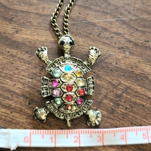 TURTLE Long Sweater Necklace Bronze & Colorful Rainbow Crystal Rhinestones - Picture 8 of 9